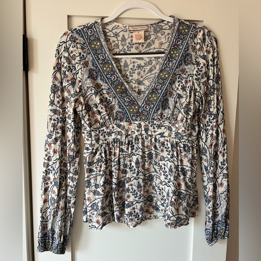 Boho Floral V-Neck Long Sleeve Peplum Top - Blue & Cream